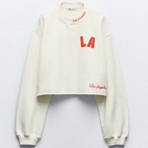Zara White LA Embroidered Women's Oversized Cropped Sweater size Large